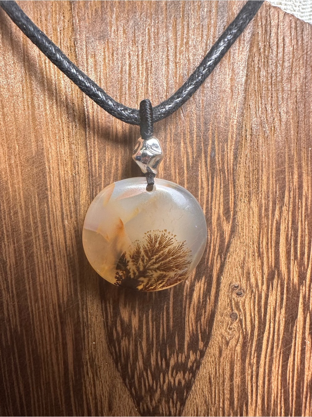 Handcrafted Dendritic Agate Pendant Necklace on Black Rope